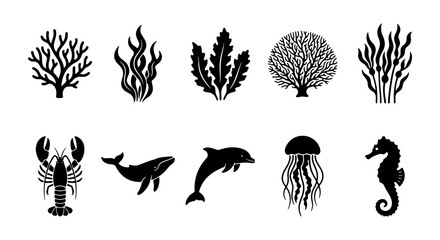 Ocean Life Vector Icons: Marine Plants, Coral, Lobster, Whale, Dolphin, Jellyfish, Seahorse Silhouettes for Aquatic Design © Nadiya