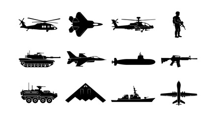 Military Icons Collection: Jet Fighter, Helicopter, Tank, Submarine, Soldier, Drone, Warship, and Artillery Vector Graphics for Defense and Security Concepts © Arefin