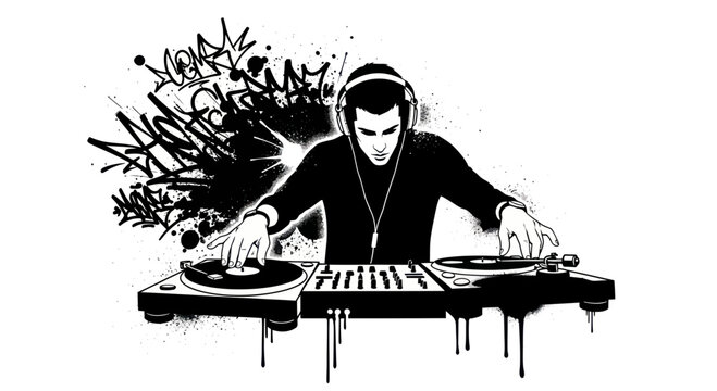 DJ playing music on turntables with graffiti background, black and white