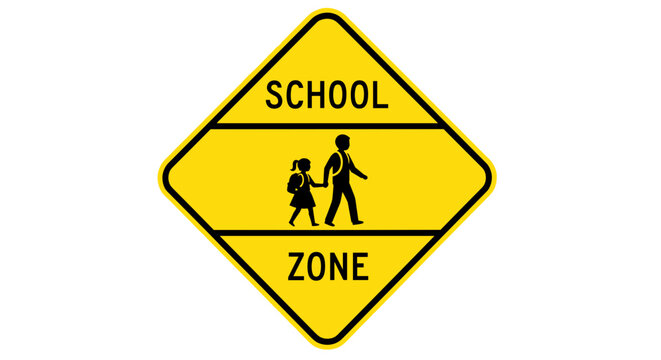 Yellow diamond shaped school zone crossing sign with silhouettes of adult and child walking hand in hand warning