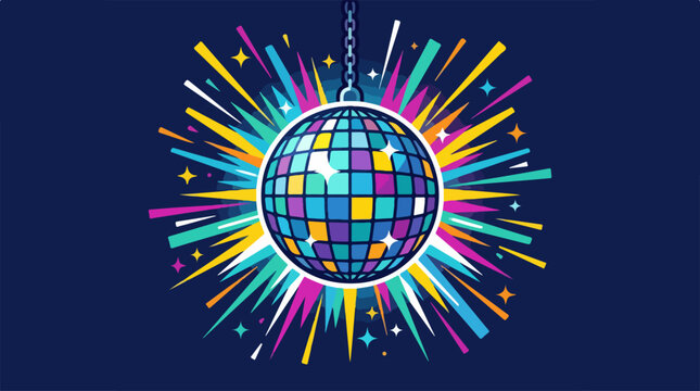 Vibrant Disco Ball Illustration with Colorful Radiating Light Rays.