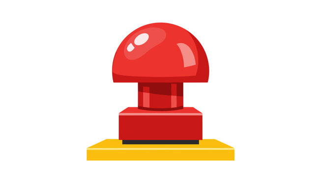 Large glossy red button with a square base on a yellow platform symbolizing action decision or starting something new