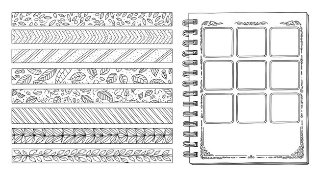 Hand drawn decorative borders and planner page with blank squares for notes and scheduling sketched in black ink