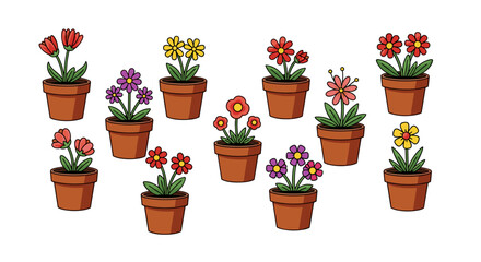 Fototapeta premium Collection of diverse potted flowers in terracotta pots arranged in a scattered pattern against a clean white