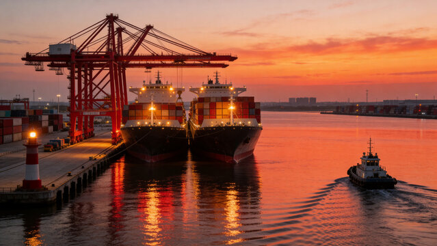 Aerial View of Container Port at Sunset, Cargo Ships and Shipping Containers in Industrial Harbor
