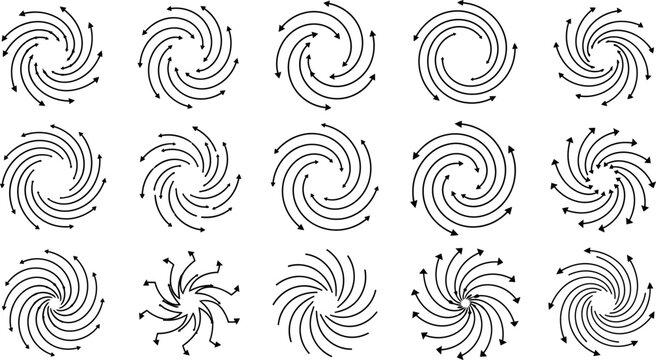 set of seamless spiral vortex swirl patterns in monochrome flat design vector illustration