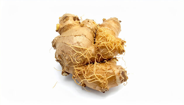 Cluster of ginger rhizomes with dense fibrous roots on white background