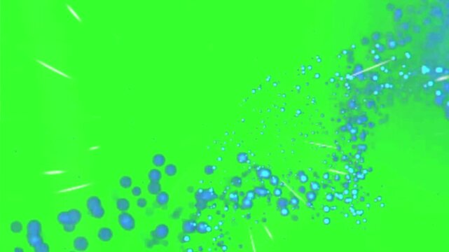 A vibrant blue stream of glowing particles gracefully traces a serpentine path across a bright green screen background, creating a dynamic and ethereal visual effect.