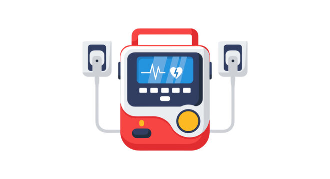 Modern automated external defibrillator aed device with connected pads displaying vital signs and heart rhythm