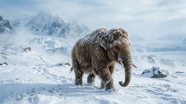 Ancient mammoth enduring a vast frozen wasteland, symbolizing Earth's extreme ice age, Sturtian glaciation, Marinoan glaciation, Snowball Earth period