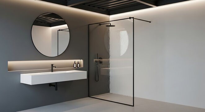 Modern Bathroom Design - Minimalist Shower and Vanity with Round Mirror.