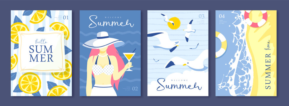 Set of summer Italian posters or covers with woman silhouette, cocktail, lemons, beach, seagulls and swim ring on the beach. Vector illustration