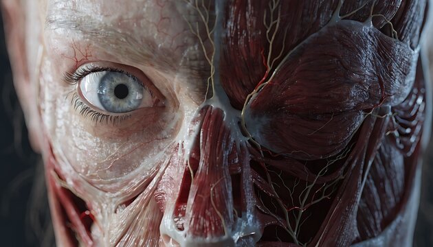 Ultra-realistic human face anatomy close-up, showing skin, muscle and bone structure