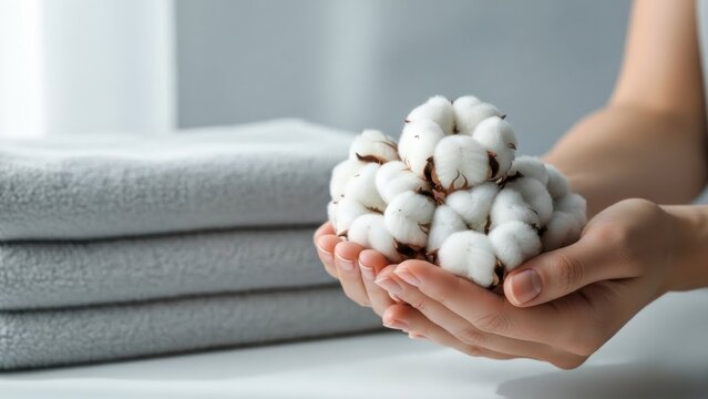 A person holds a bundle of fluffy white cotton balls in their cupped hands with a stack of folded light gray towels