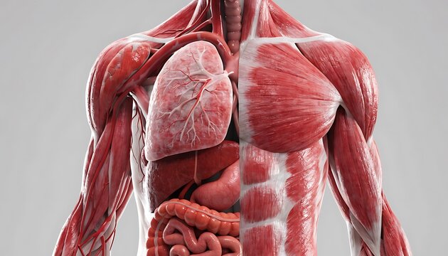 Realistic Human Anatomy Torso Half-Body Cutout with Musculature and Organs