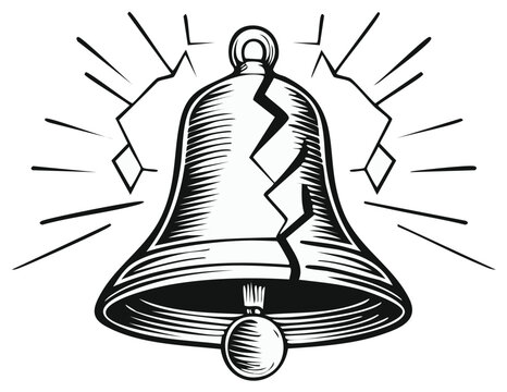 Engraved illustration of a broken bell with radiating light rays, symbolising bad news or failure concept.