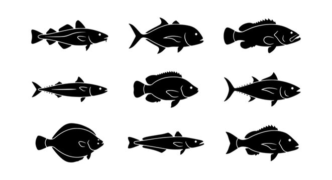 Set of Various Fish Species Silhouette Icons - Seafood and Fishing Vector Illustration

