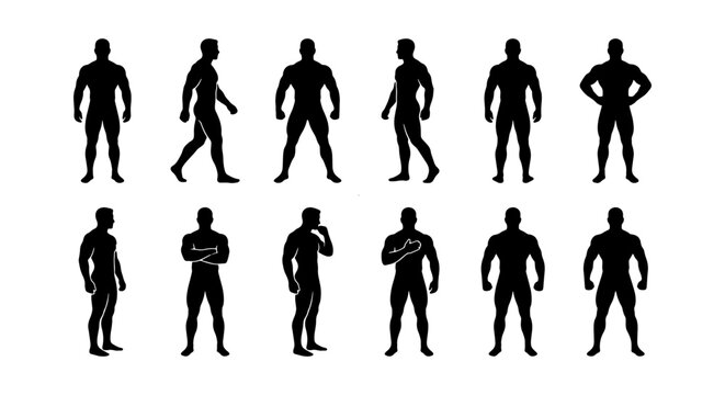 Set of Muscular Male Silhouette Icons - Athletic Poses and Bodybuilding Stances Vector
