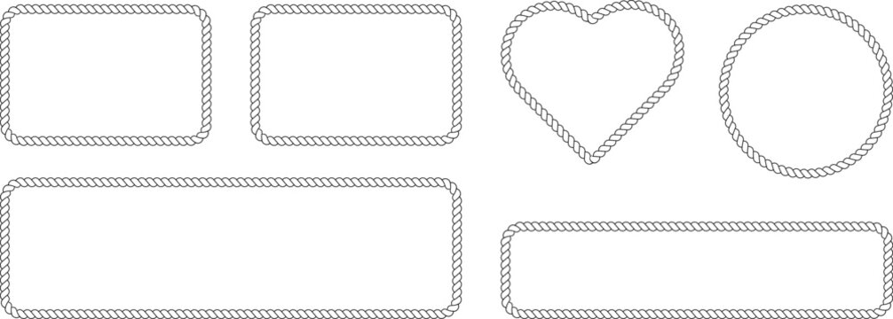 Set of rope frames in different shapes, rectangular, square, heart and circle, nautical style borders