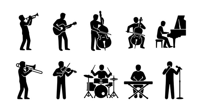 Set of Musicians and Musical Instruments Silhouette Icons - Performance and Concert Vector Illustration
