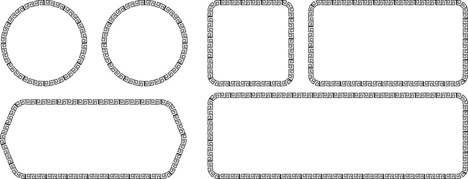 Set of vector frames with traditional chinese meander pattern, rectangular and circular borders with greek key ornament