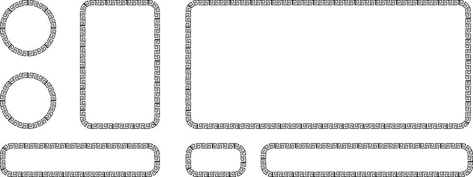 Set of vector frames with greek key pattern, meander border, decorative rectangular and circular frames