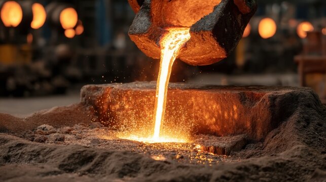 Molten Metal Pouring from a Crucible into a Sand Mold in a Foundry Workshop with Soft Lighting and Industrial Atmosphere
