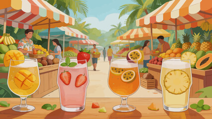 Tropical drinks at outdoor market © Bo