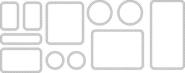 Set of rope frames of different shapes and sizes, nautical style borders, collection of rectangular and circular rope frames © MDMahmudul