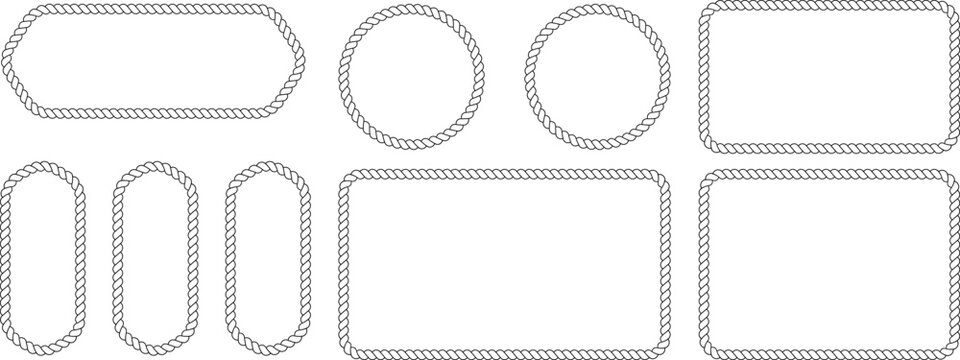 Set of nautical rope frames, borders, and dividers twisted cord rope circles and rectangles for maritime design, marine style labels, and decorative elements