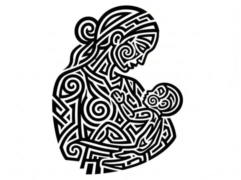 Abstract Mother and Child Silhouette with Maori Celtic Tribal Pattern Art
