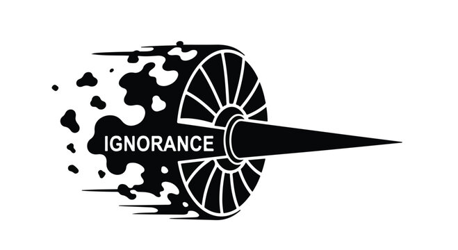 Ignorance is depicted as a dark ink blot spreading from a mechanical wheel to represent the obstruction of knowledge.