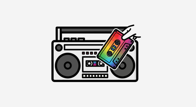 Retro boombox playing a rainbow cassette tape, vintage music concept