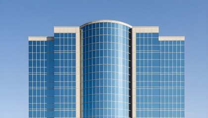 Obraz premium Symmetrical modern glass office building facade with grid windows, clean blue sky background and minimalist corporate architecture design