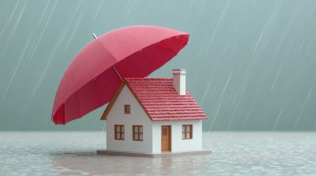 Miniature house with red umbrella protecting it from rain, capturing a serene still life scene, showcasing resilience and comfort in adverse weather conditions
