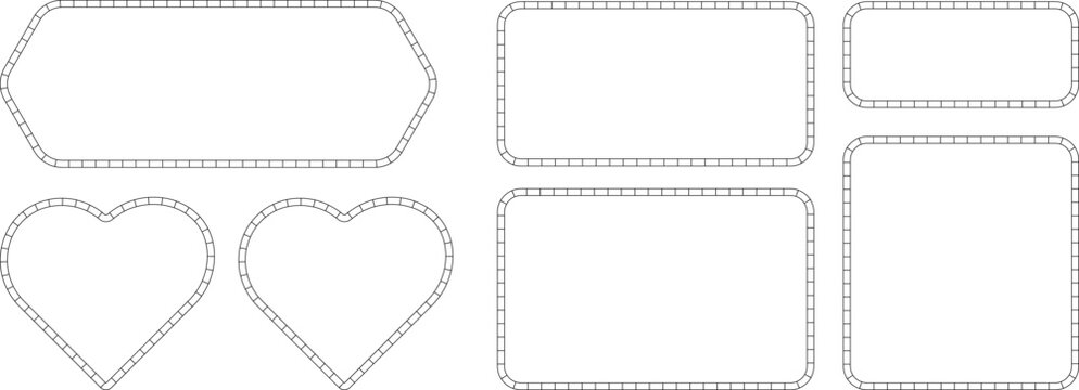 Set of vector frames with dashed borders, various shapes including rectangles, rounded rectangles, and hearts, simple outline design elements for labels, tags, and text boxes