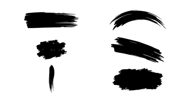 A versatile collection of high-quality black paint brush strokes and ink splatters in vector format. These hand-painted textures feature various shapes including straight lines, curves, and thick patc