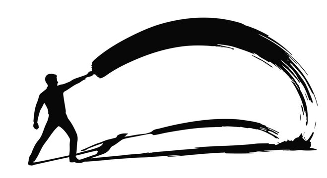 Man silhouette swings a large brush to create a wide black arc across a plain white surface.