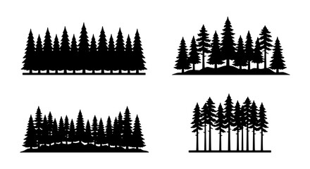 A professional collection of four black forest silhouettes featuring various arrangements of coniferous trees, including pine, fir, and spruce © Kazi