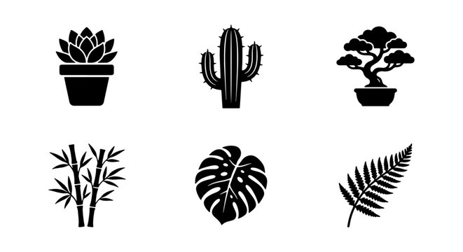  A professional collection of six black silhouette icons representing popular houseplants and botanical elements. This set includes a potted succulent, a saguaro cactus, a traditional bonsai tree