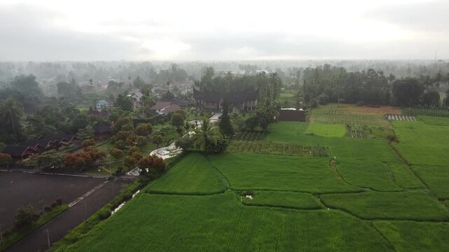aerial view of the village with the traditional house of the Minangkabau tribe, called the Rumah Gadang, in West Sumatra, Indonesia