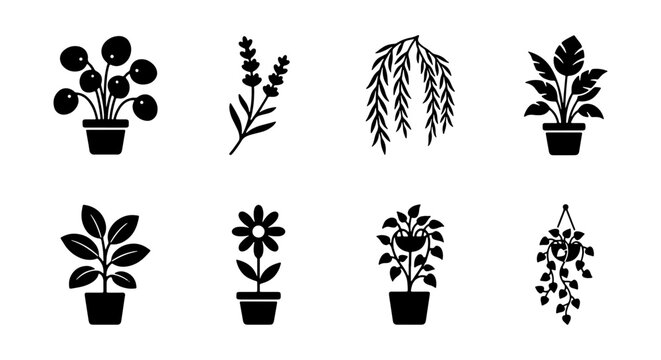 Indoor Potted Plants and Botanical Silhouette Icon Set &ndash; Houseplant Vector Symbols
