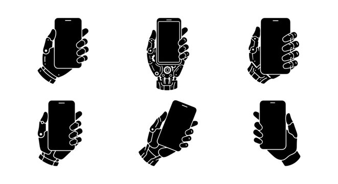 Robotic Hand Holding Smartphone and AI Technology Silhouette Vector Icon Set