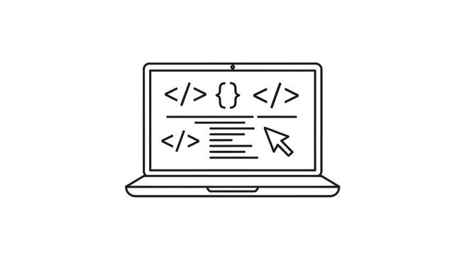 line art laptop with coding symbols on screen