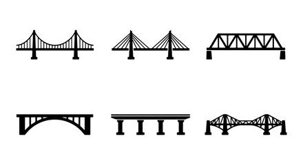Set of Different Bridge Type Silhouette Icons - Engineering and Infrastructure Vector Illustration  © Anika