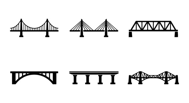 Set of Different Bridge Type Silhouette Icons - Engineering and Infrastructure Vector Illustration
