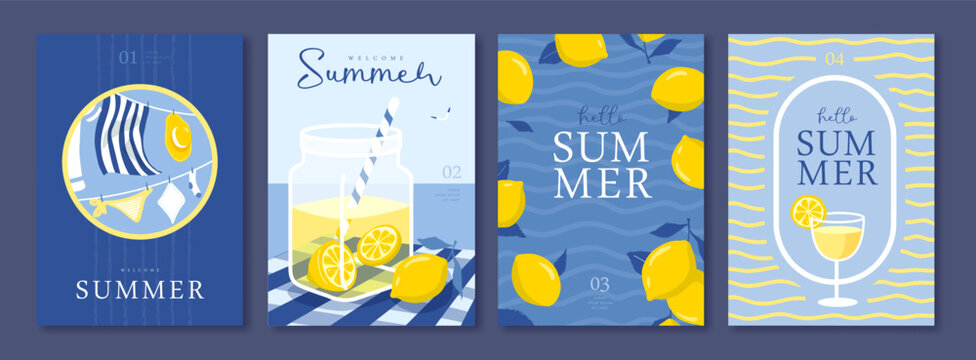 Set of summer Italian posters or covers with lemonade, drying clothes, lemons, cocktail and beach landscape. Vector illustration