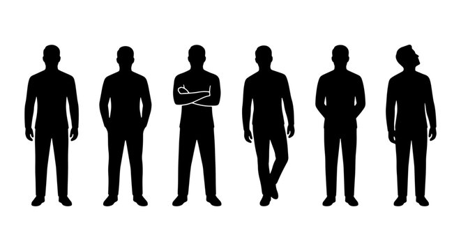 Set of 6 Men Standing Silhouettes in Various Poses - Professional and Casual Person Icons - Black Vector Illustration
