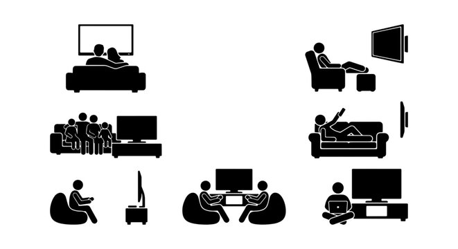  A collection of black vector silhouettes depicting various home entertainment scenarios. This set includes people watching TV as a couple, family, or individuals, lounging on sofas, recliners