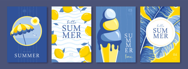 Obraz na płótnie Canvas Set of summer Italian posters or covers with ice cream, lemons, beach umbrella, tropic leaves, seagull and beach landscape. Vector illustration
